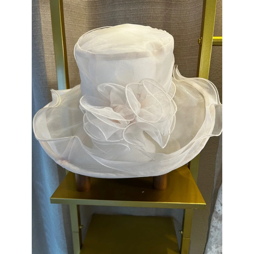 Women Blush Pink Sheer Organza Wide Brim Church Derby Hat Cream Floral Tea Party